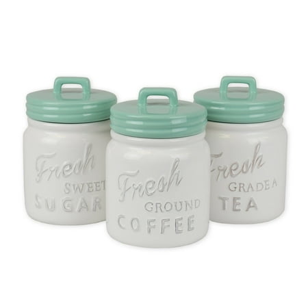 Ceramic Tea Coffee And Sugar Jars DII 3-Piece Vintage, Retro, Farmhouse Chic, Mason Jar Inspired Ceramic Kitchen Canister with Airtight Lid for Food Storage, Store Coffee, Sugar, Tea, Spices and More - Aqua Jar Canister ()