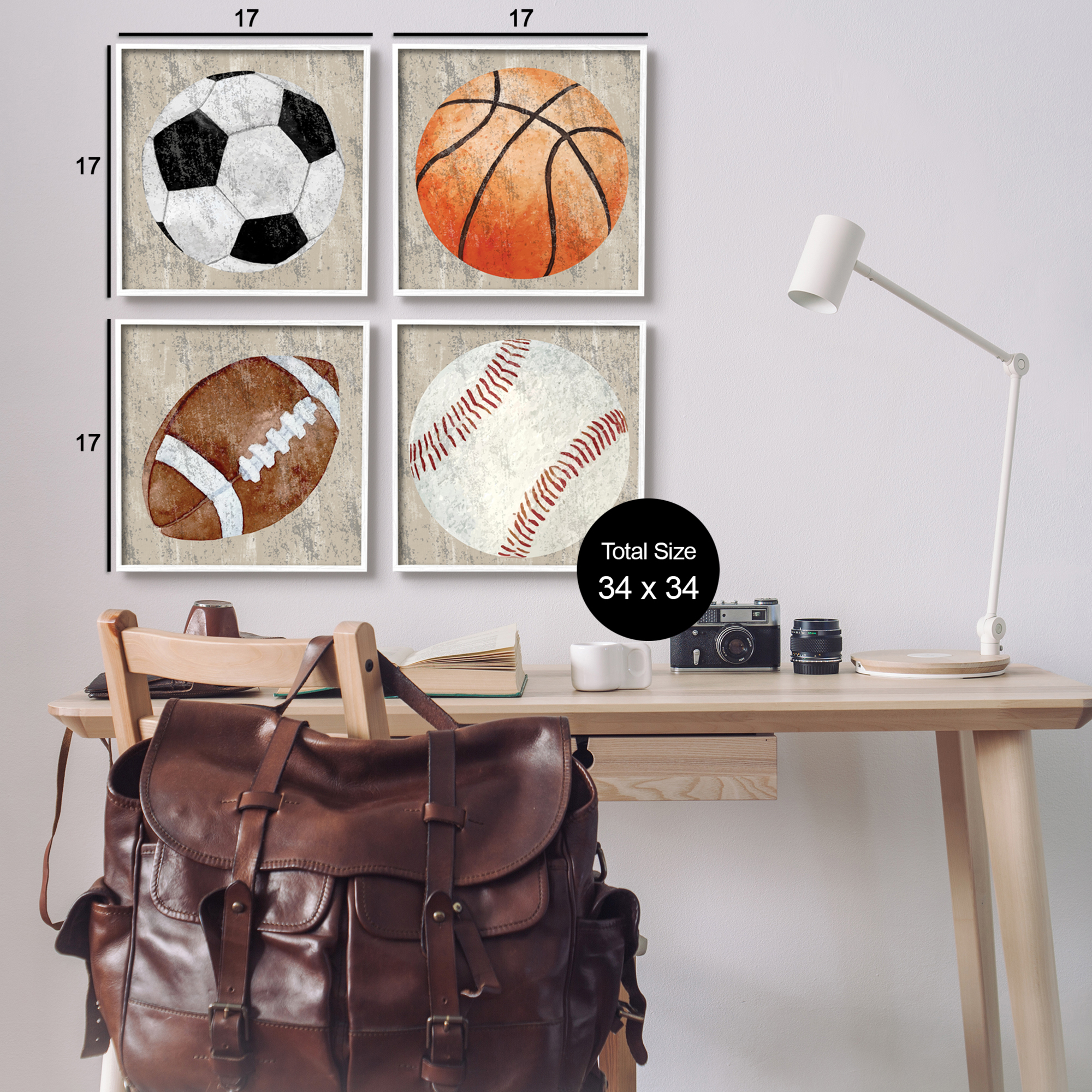 Stupell Industries Various Rustic Sports Balls Art for Kids Painting White Framed Art Print Wall Art, 17 x 17, Set of 4