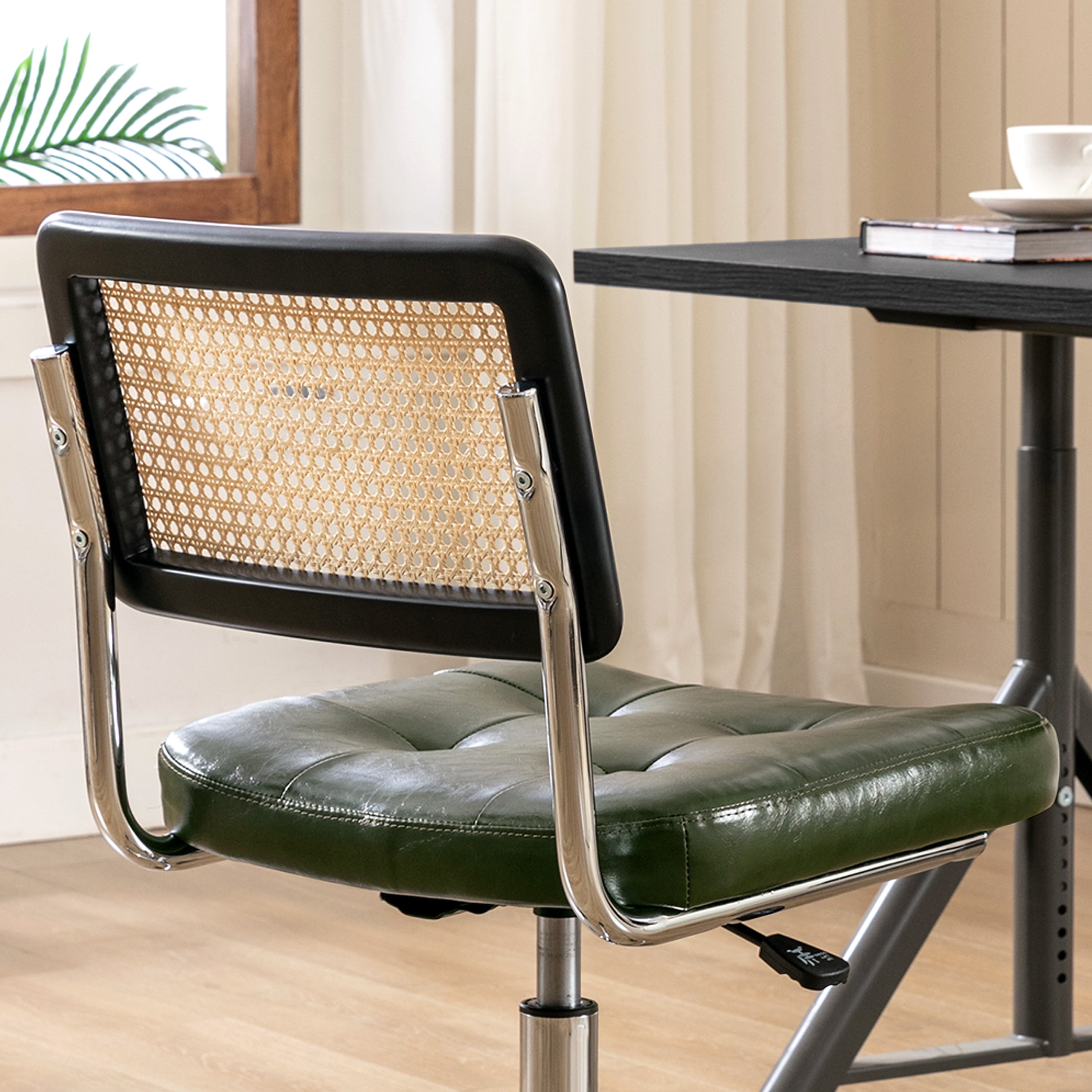 ONEVOG Tufted Leather Desk Chair, Swivel Home Office Chair with Rattan Back, Upholstered Armless Vanity Chair, Adjustable Height Computer Task Chair, Green
