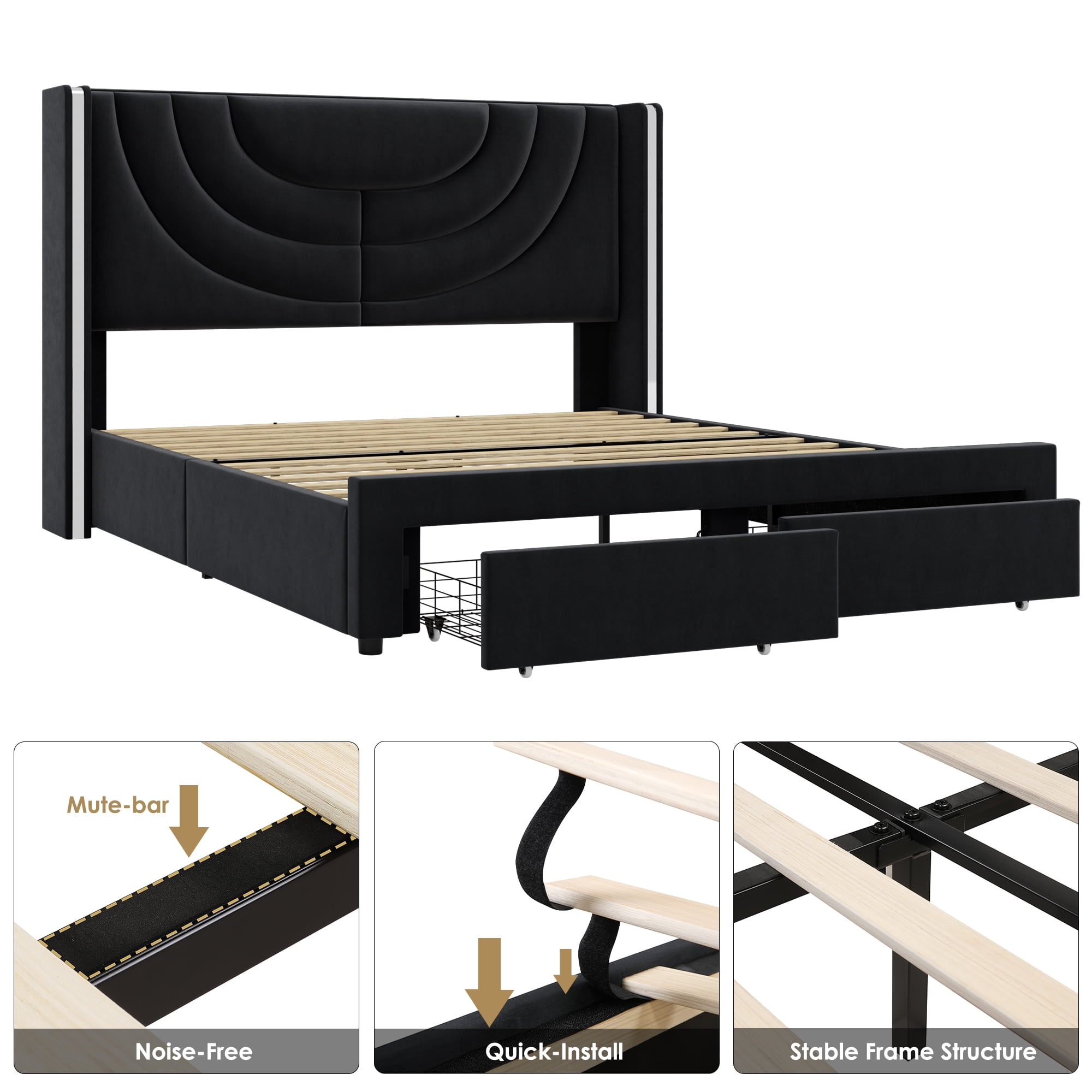 Homfa Queen Size LED Bed Frame with 2 Drawer Storage, Wingback Platform Bed with Velvet Upholstered Headboard, Black