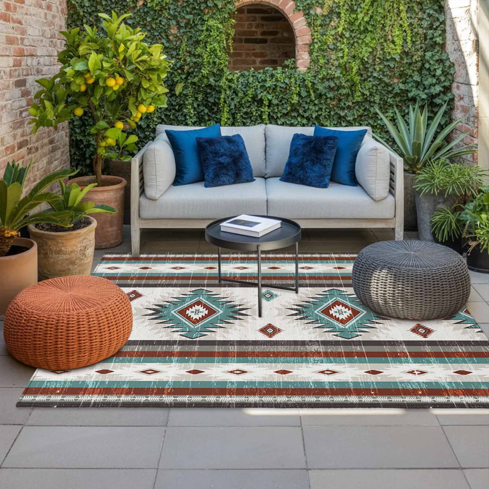 Turquoise Red Boho Outdoor Rug for Patio/Deck/Porch, Non-Slip Large Area Rug 4 x 6 Ft, Southwestern Ethnic Aztec Retro Geometric Indoor Outdoor Rugs Washable Area Rugs, Camping Rug Carpet Runner