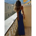 thumbnail image 3 of Navy Blue Solid Lace Trim Bodycon Maxi Dress Womens Spaghetti Strap Slim Fit Stretch Cami Evening Party Dress, 3 of 6