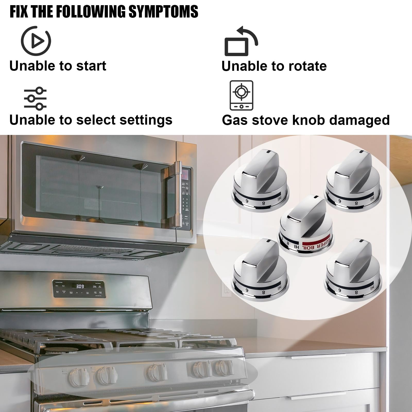 EBZ37189611(4pcs) Gas Stove Knobs and EBZ37189609(1pcs) Oven Range Knob Replacements Only Fit for L.G LRG30355ST LRG30357ST LRG30855ST Series Burner Control Knob Replace EBZ37189601,EBZ37189602