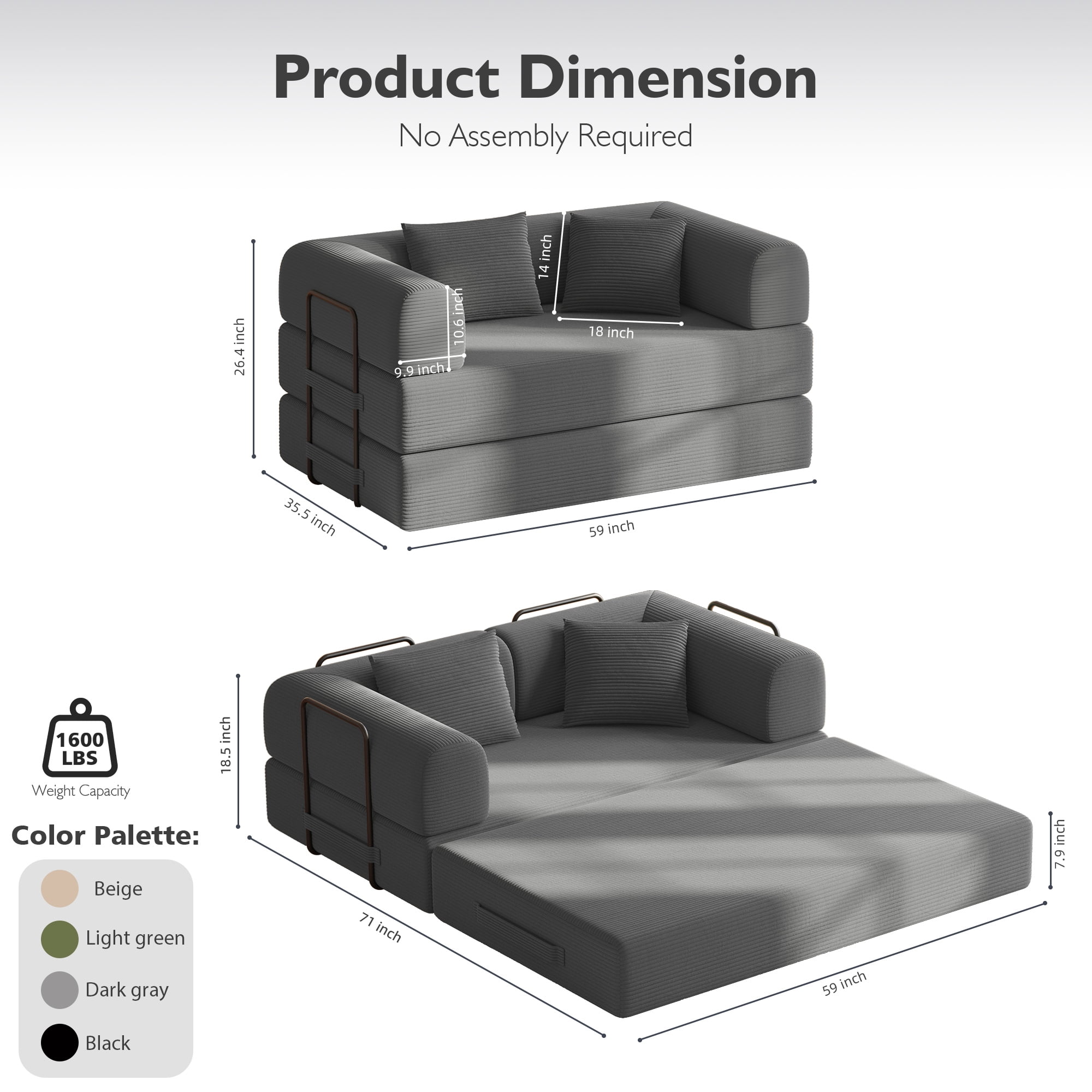59in Convertible Sofa Bed Corduroy Boneless Couch Bed Foldable Sofa Bed Pull Out Bed Futon Sleeper Sofa No Assembly