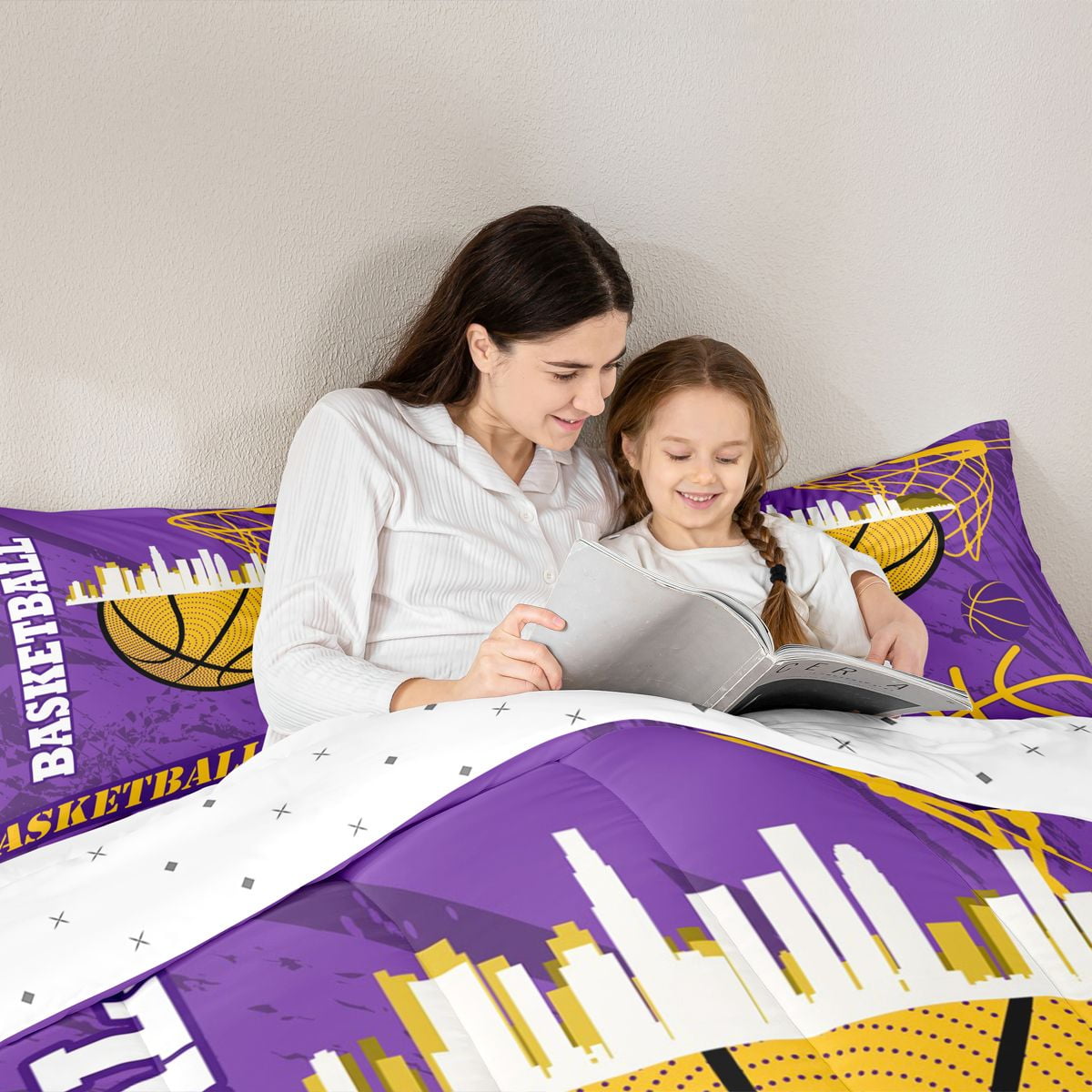 Feelyou Eat Basketball Sleep Bedding Comforter Set for Boys, Purple Gold Graffiti Twin Comforter Sets, Modern Sports Theme Reversible Bedding Set, Microfiber Bedroom Decor, 2-Piece