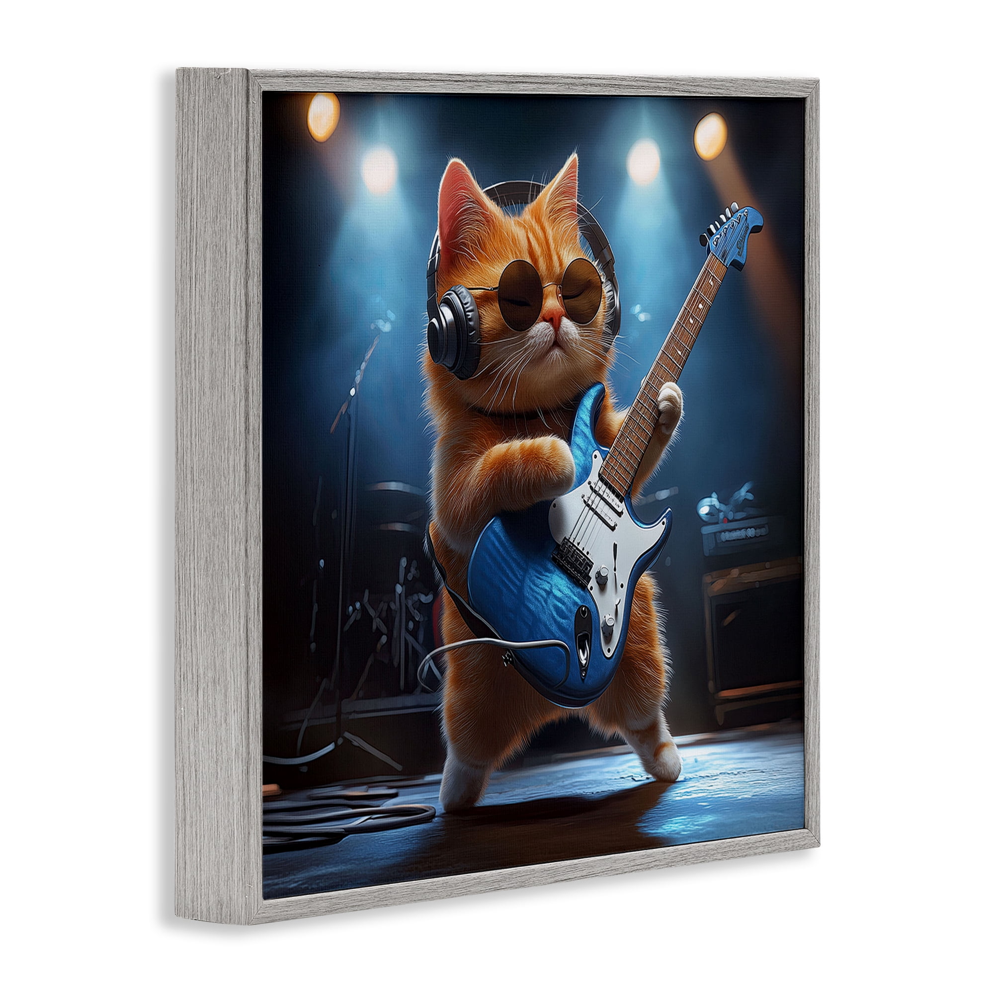 Cat Guitarist in Band Gray Framed Giclee Art, design by Jim Baldwin