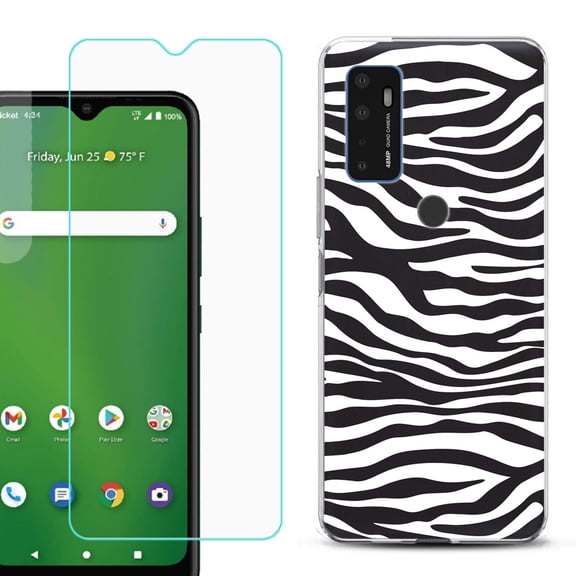 Slim-Fit Gel TPU Phone Case for Cricket Dream 5G, with Tempered Glass Screen Protector, by OneToughShield ® - Zebra B/W