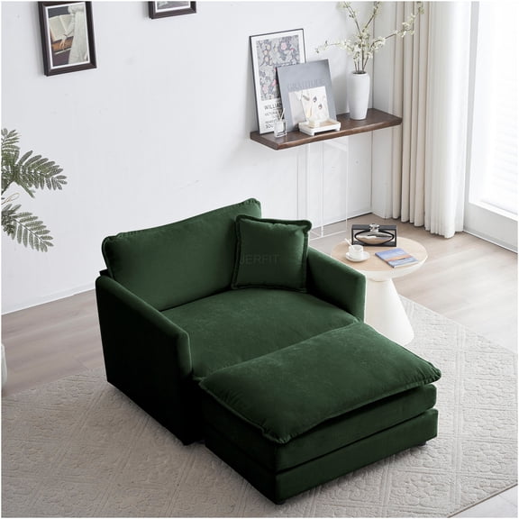 JERFIT Modern Accent Chair and Ottoman Set, Plush Green Chenille Upholstered Armchair for Living Room, Bedroom or Reading Nook