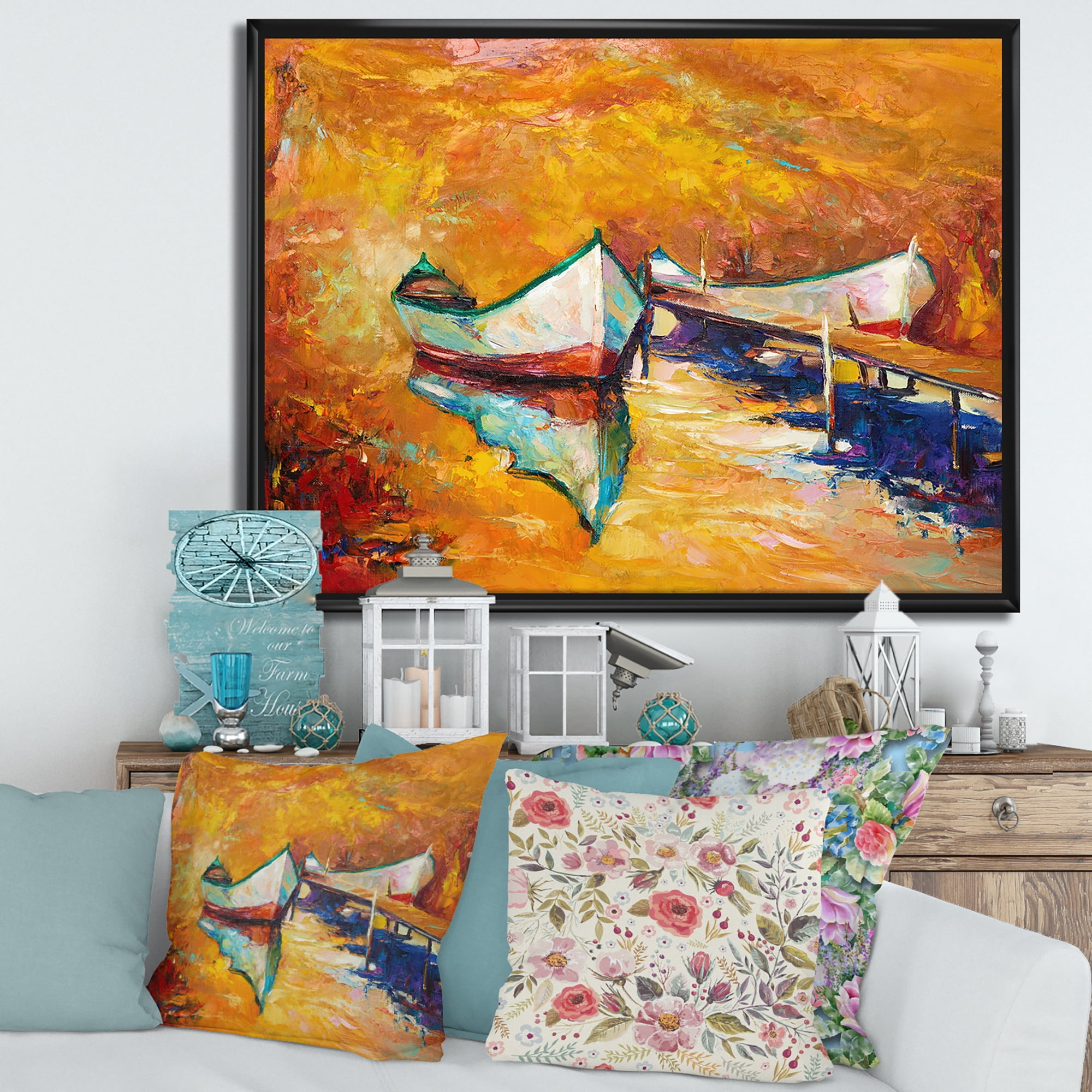 Designart 'Little Boat During Warm and Orange Evening' Nautical & Coastal Framed Canvas Wall Art Print