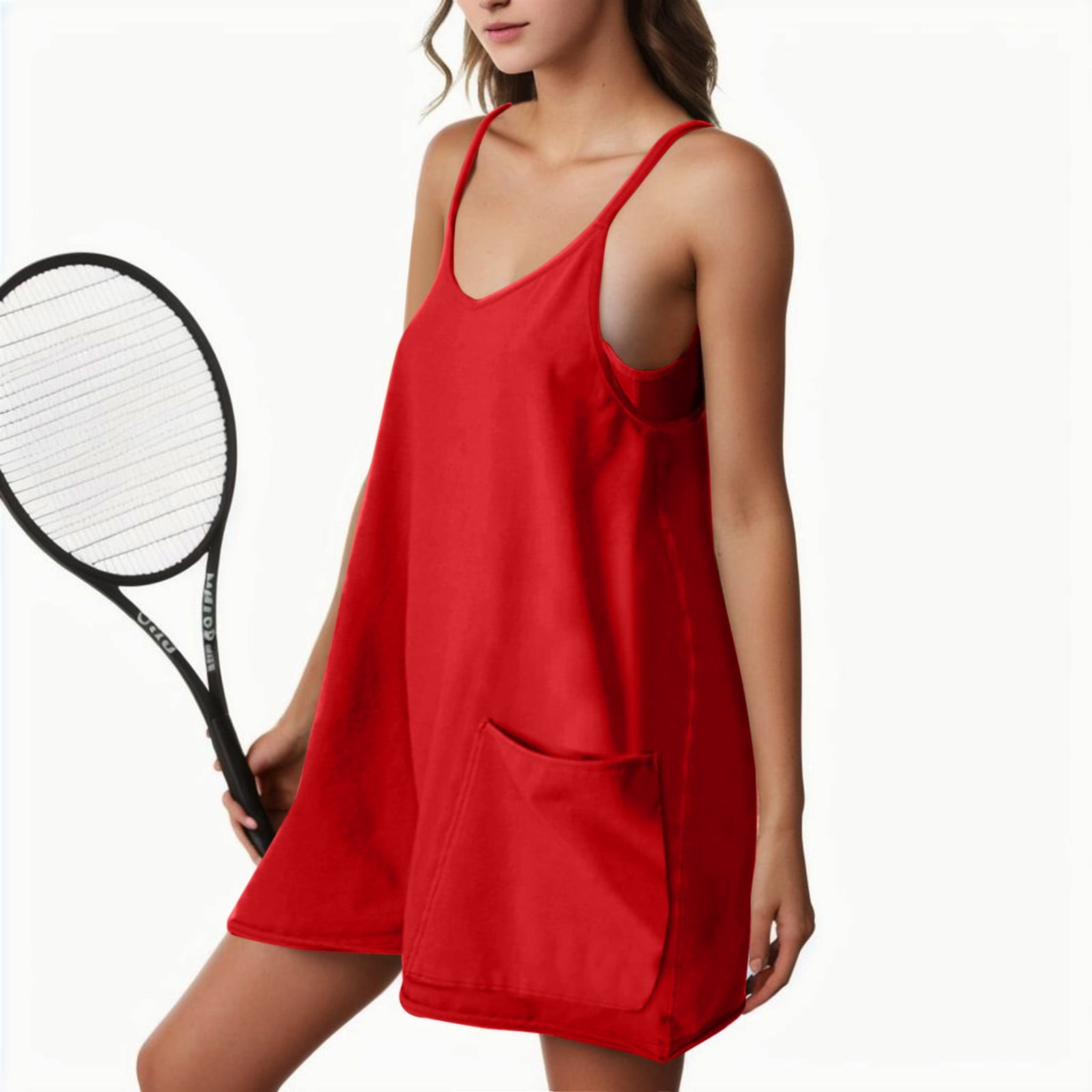 Womens Tennis Dress Workout Mini Dress with Shorts Sleeveless Spaghetti Straps Golf Athletic Dresses