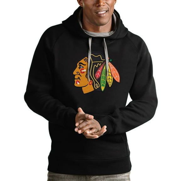 Men's Antigua Black Chicago Blackhawks Logo Victory Pullover Hoodie