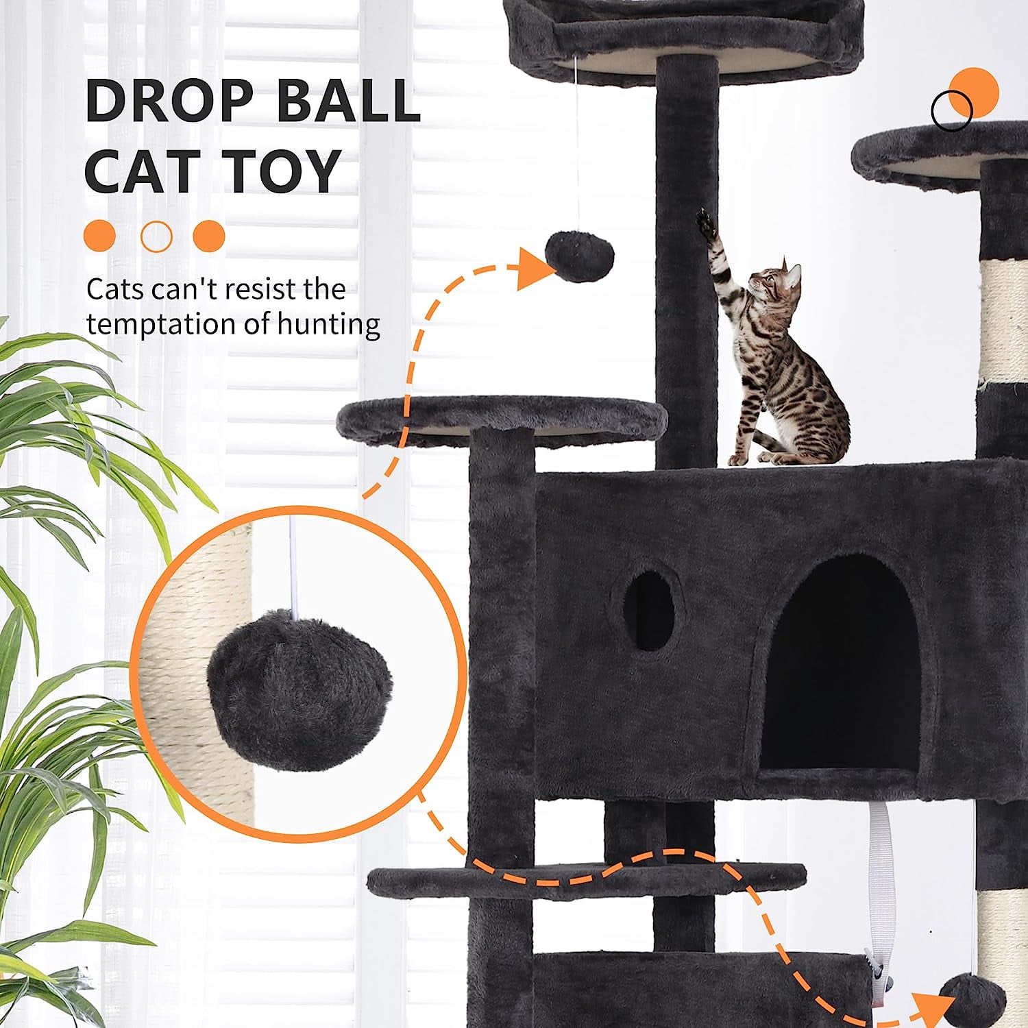 Dkelincs 70"H Large Multilevel Cat Tree, Double Condo Cat Tower with Scratching Post Tower & 3 Top Perches, Dark Gray