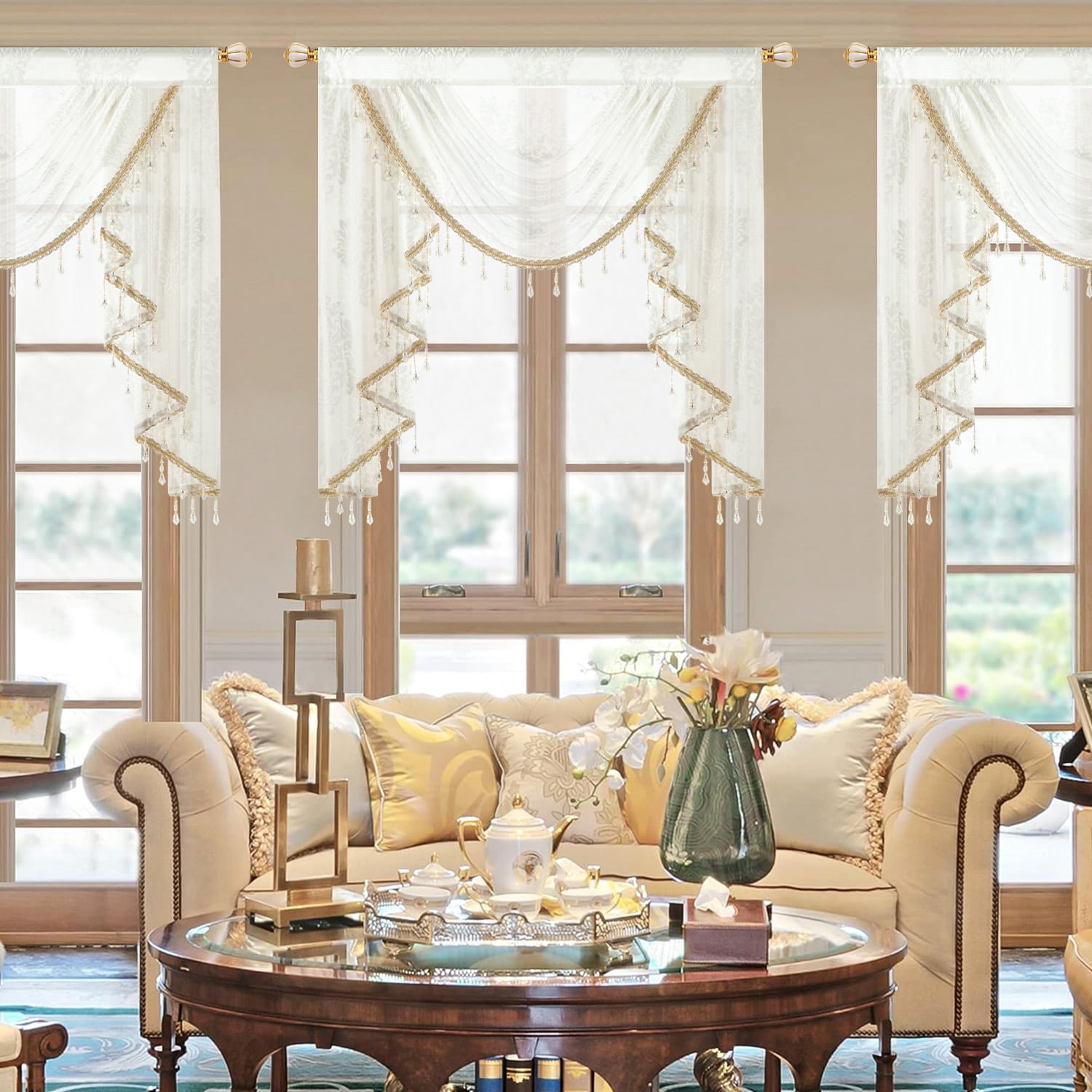 VOGOL Farmhouse Waterfall Valance - Vintage Damask Jacquard Voile with Beaded Tassels, Semi-Sheer Rod Pocket Window Topper for Bedroom Living Room, 39x43 Inch, White