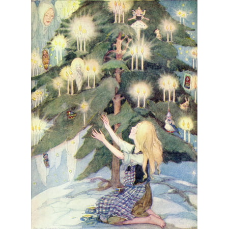 The Little Match Girl illustration from The Golden Wonder Book published 1934  The poor little girl was sitting under the most beautiful Christmas tree she had ever seen Poster Print by Hilary Jane