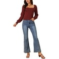 thumbnail image 2 of INSPIRE CHIC Women's Bishop Long Sleeve Square Neck Stretch Ribbed Knit Slim Fit Solid Crop Sweater Top S Wine Red, 2 of 5