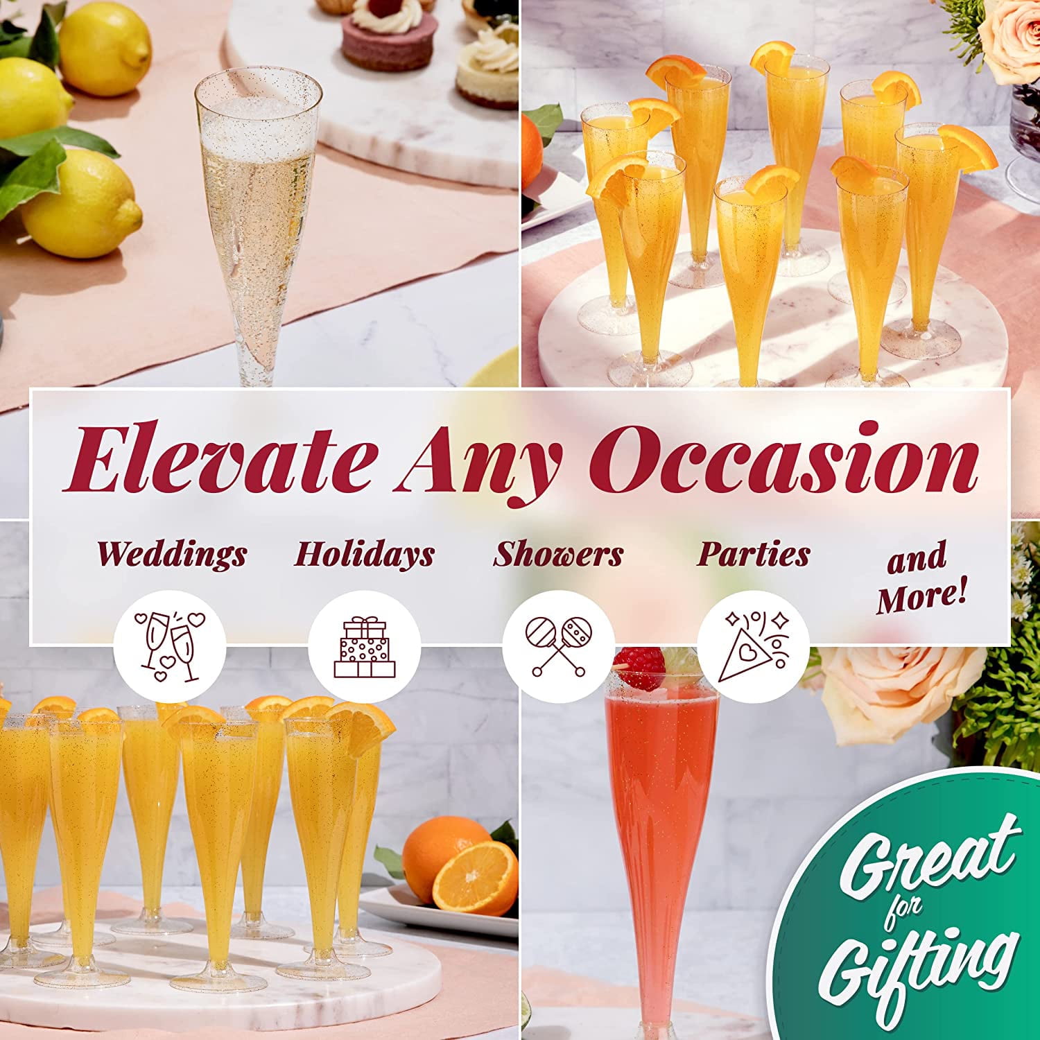 Prestee 100 Plastic Champagne Flutes Disposable | Gold Glitter Plastic Champagne Glasses for Parties | Glitter Clear Plastic Cups | Plastic Toasting Glasses | New Years Eve Party Supplies