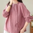 thumbnail image 4 of YUGYXL Cotton Linen Shirts for Women Retro 3/4 Length Sleeve Boho Peasant Blouse Dressy Casual Button Down Collarless Work Top Hot Pink XXXXL, 4 of 8