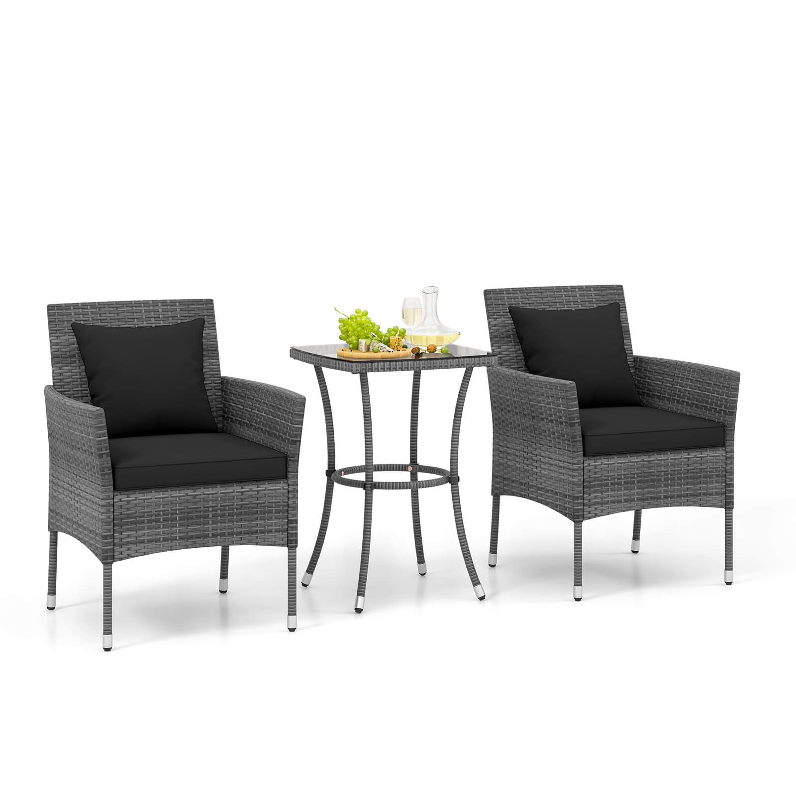 Costway 3 PCS Patio Furniture Set with Cushioned Patio Chairs & Tempered Glass Coffee Table Black