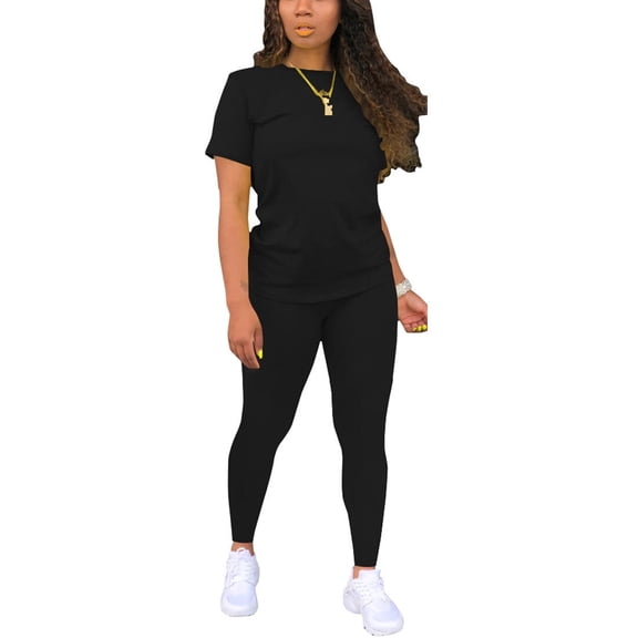 Aomice Biker Short Sets Women 2 Piece Outfits Summer Short Sleeve Jogger Tracksuit-2XL-Black