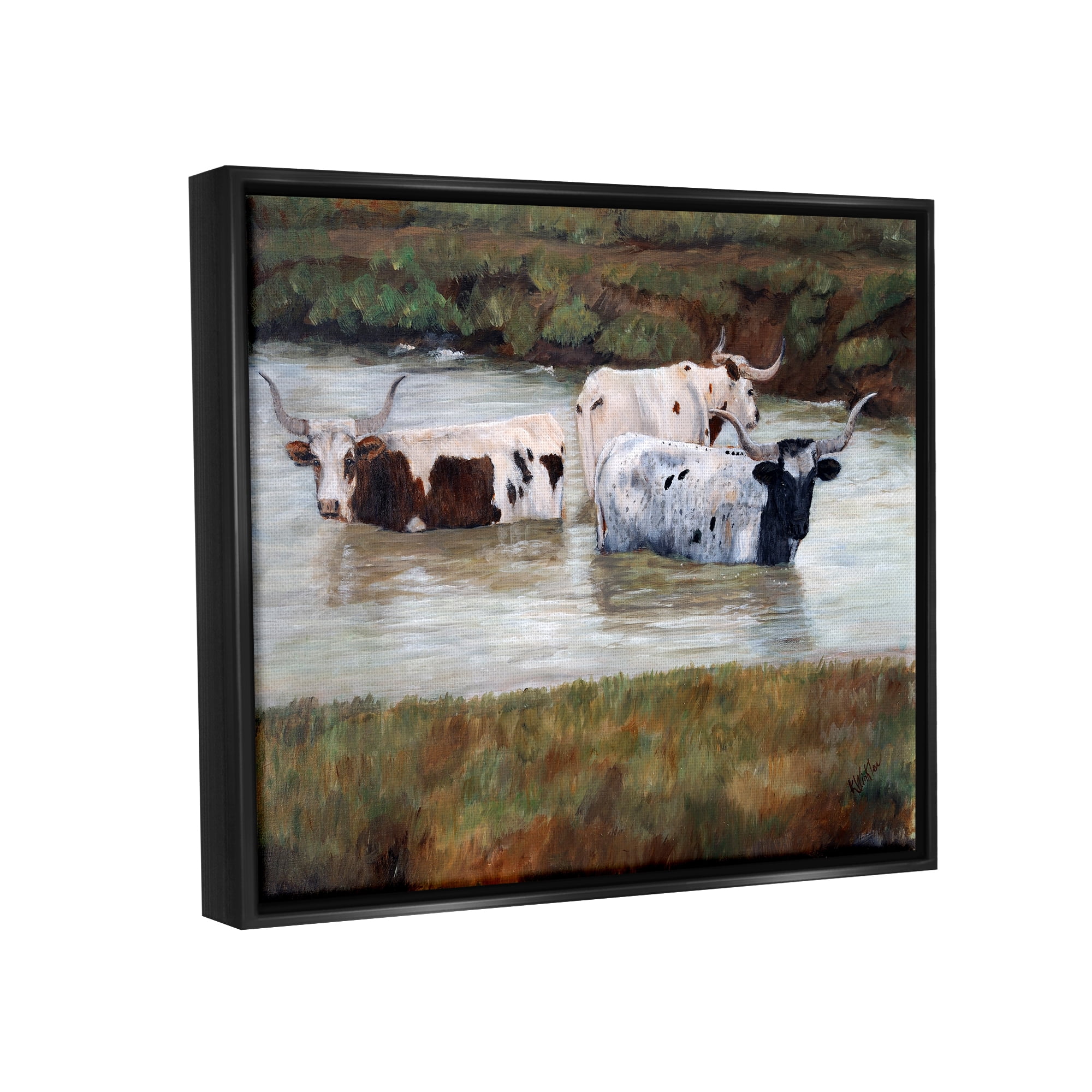 Stupell Longhorn Cattle Bathing Rural Pond Animals & Insects Painting Black Floater Framed Art Print Wall Art