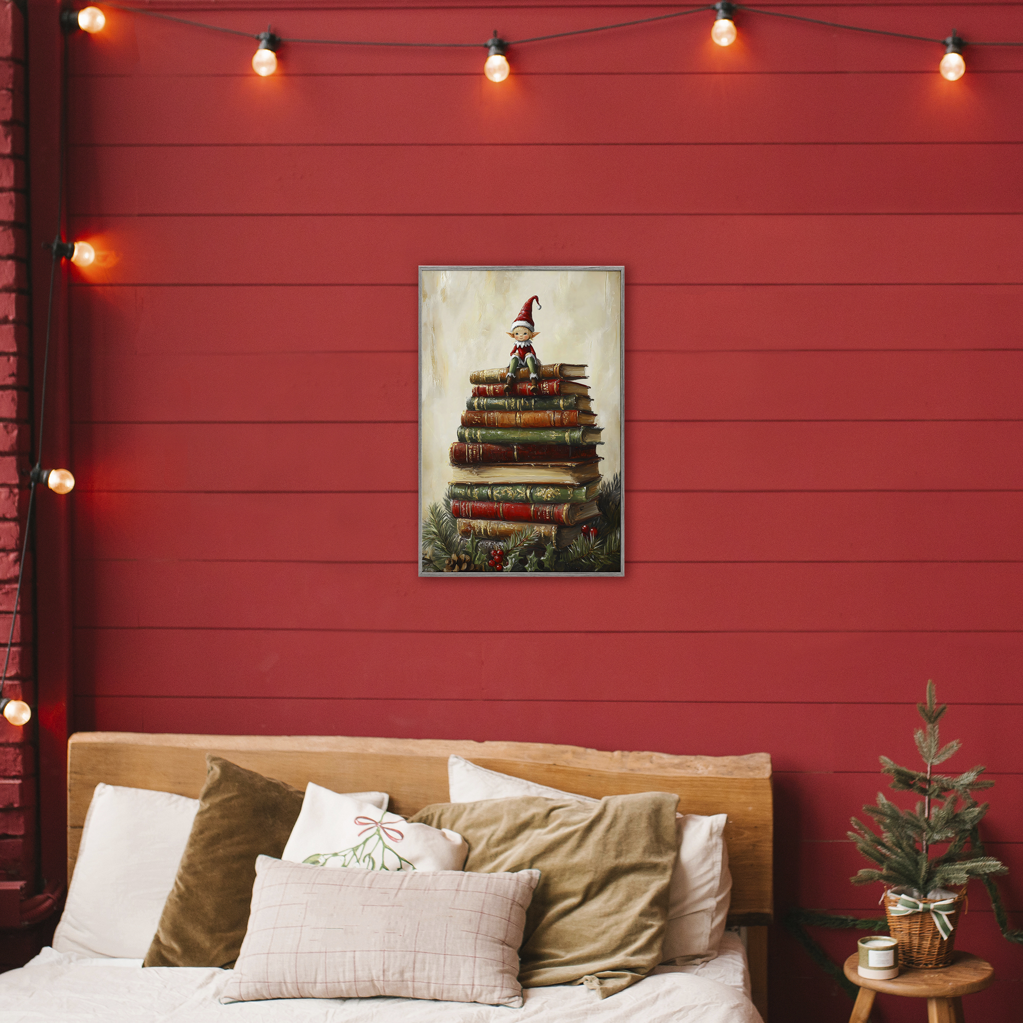 Christmas Elf Bookstack Gray Framed Giclee Art, design by Petal Prints Design