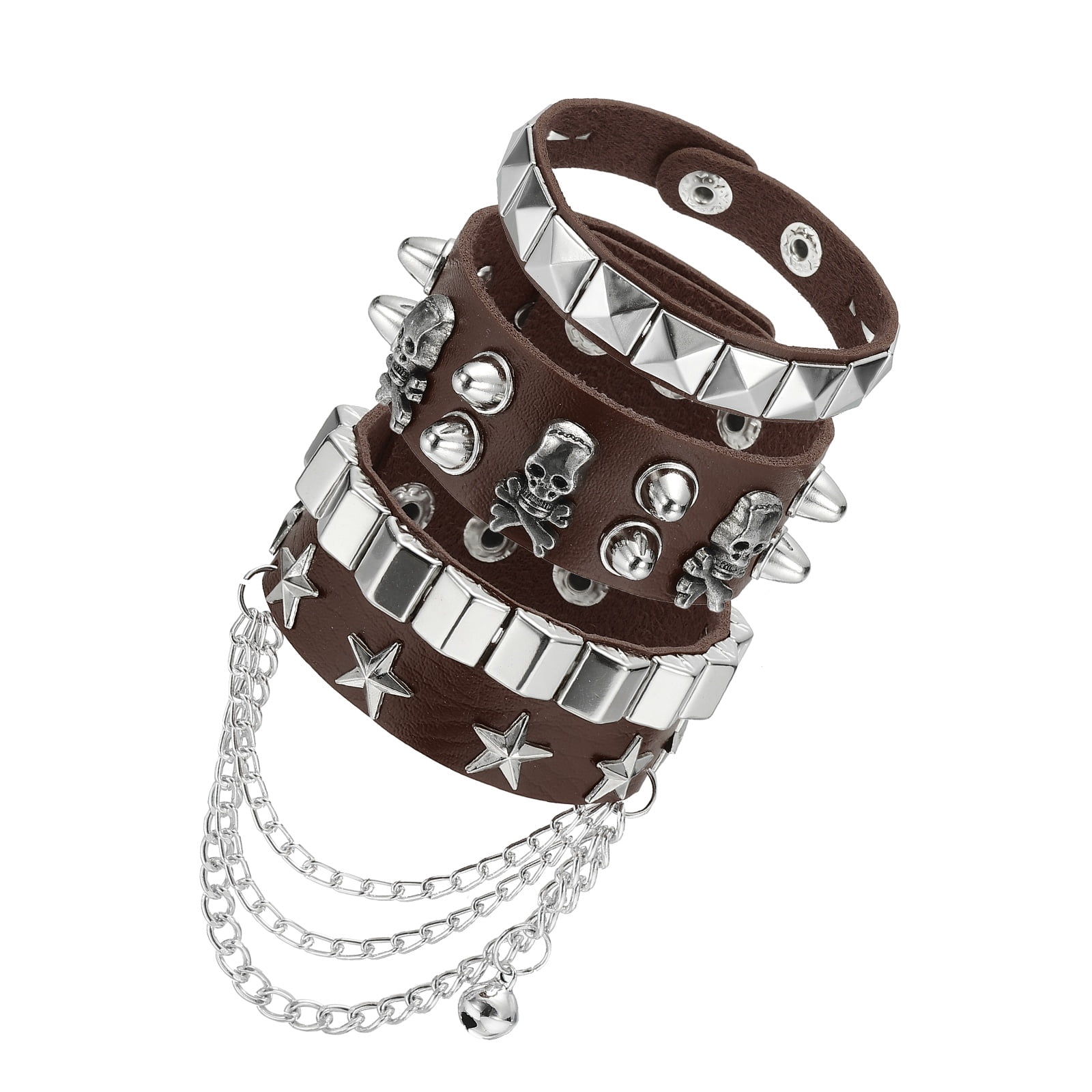 Uxcell 3Pcs Rock Punk Studded Leather Bracelet Set, 8.7