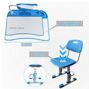 LVYUAN Height Adjustable Children's Desk and Chair Set, Spacious Storage Drawer, with Adjustable Tilted Desktop, Bookstand, Touch Led Lamp for School Students?Kids Interactive Workstation (Blue)