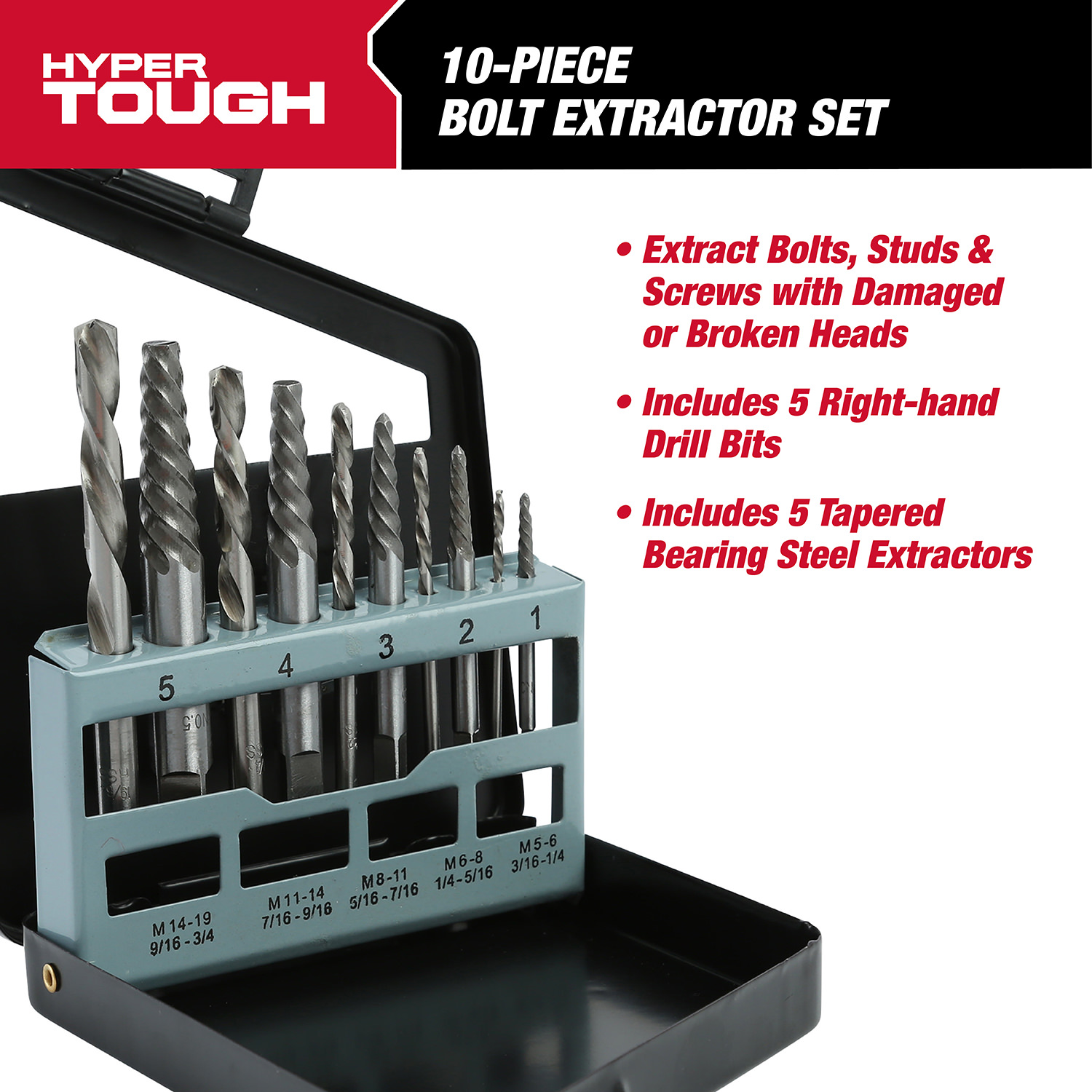 Juego de brocas de acero de alta velocidad y extractores de tornillos Hyper Tough de 10 piezas con estuche, 4005V 6