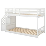 Euroco Wood Twin over Twin Floor Bunk Bed with Staircase for Kids Teens Room, White
