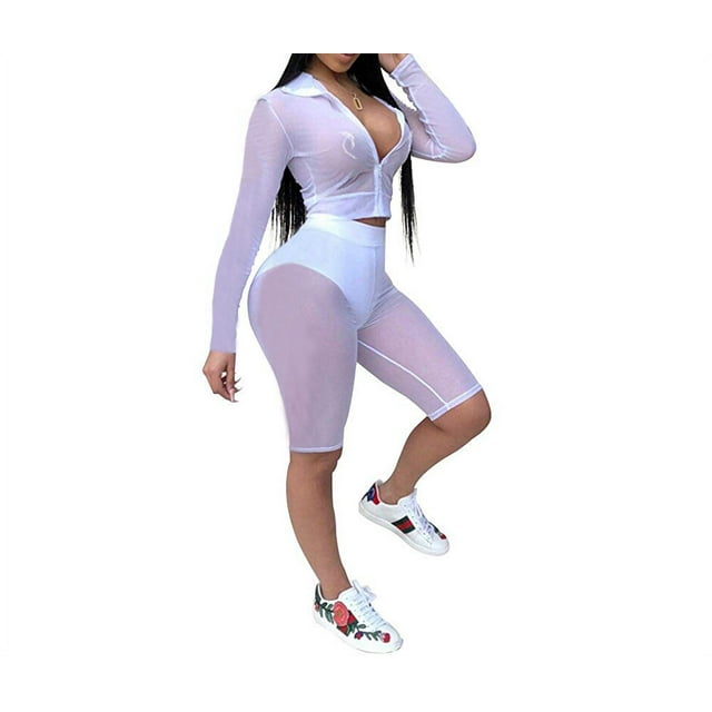 Conjunto de traje de perspectiva de malla Txlixc para mujer blusas cortas de manga larga pantalones ajustados verano