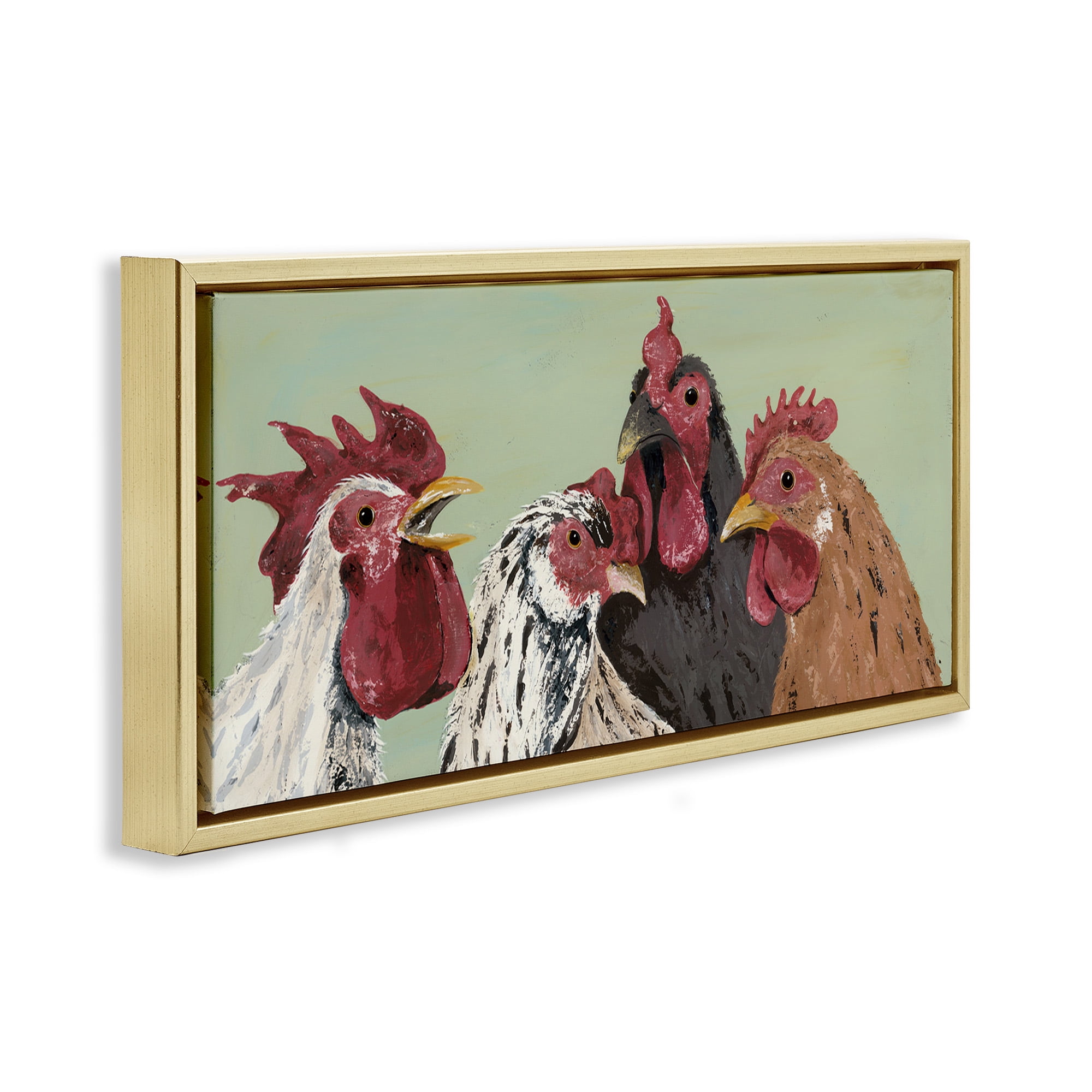 Stupell Industries Four Roosters over Green Animals & Insects Painting Gold Floater Framed Canvas Art Print Wall Art, 25 x 11