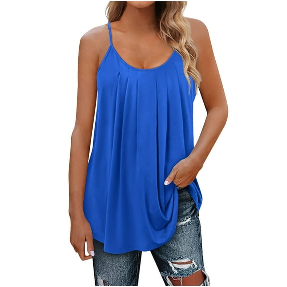 up to 60% off Gifts Usmixi Womens Tank Tops Going out Casual Loose Flowy Pleated Swing Strap Camisole Shirts Summer Trendy Solid Round Neck Sleeveless Shirts Blouse Blue m