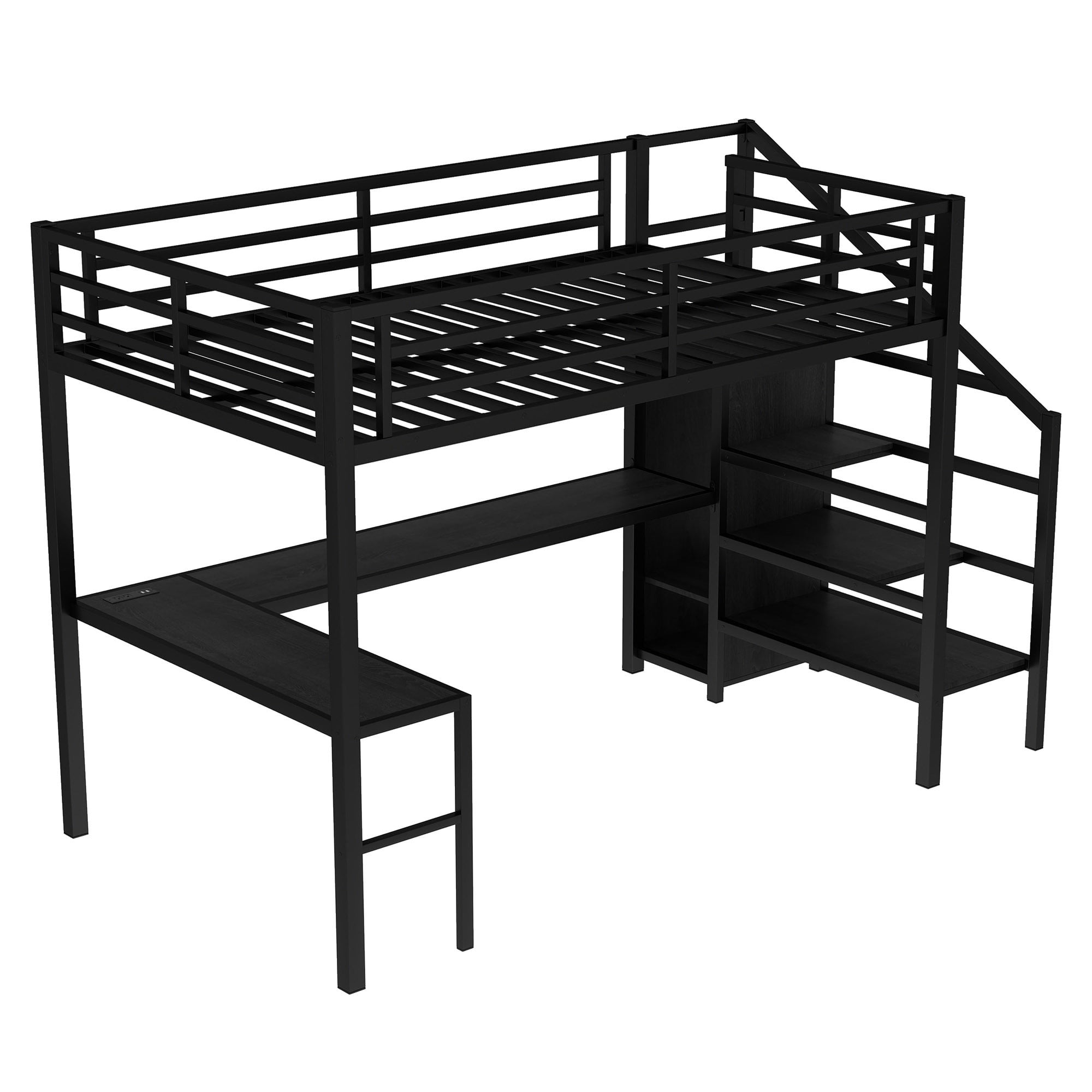 Full Size Loft Bed with L-shaped Desk and USB,Heavy Duty Metal Loft Bed with Wardrobe and Adjustable Shelf,High Loft Bed with LED for Kids Teens Adults, Black