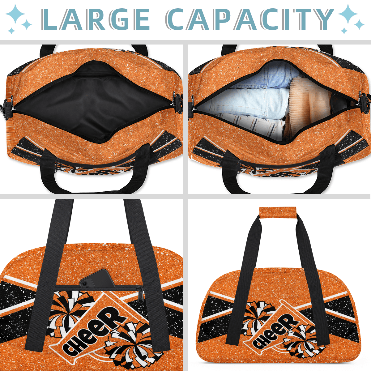 Herdesigns Cheer Bag Sports Duffle Bags Cheerleader Orange Gym Bag Weekender Travel Bag Waterproof Overnight Bag Carry On Travel Tote Bag Dance Bags