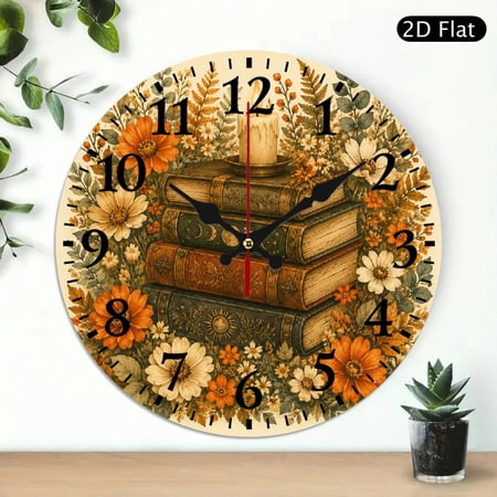 GONGXIFACAI Wall Clock Battery Operated, Vintage Spell Books Autumn Florals Print, Wall Decor for