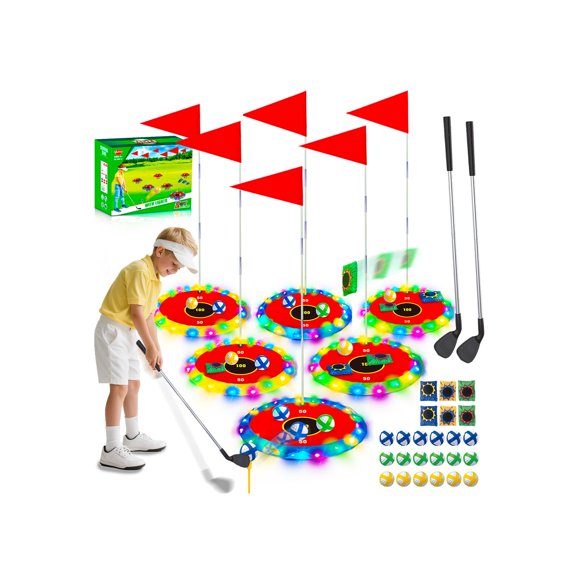 VATOS 2-in-1 Light up Golf for Kids- Golf Chipping Game & Bean Bag Toss with 6 LED Targets, 2 Clubs, 18 Balls, Night Golfs Play for Indoor Outdoor Pa