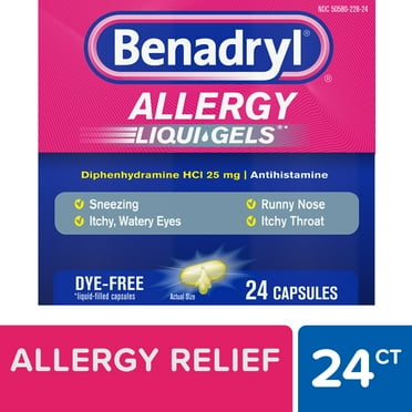 Benadryl Liqui-Gels Allergy Medicine, Diphenhydramine, Dye Free, 24 Ct
