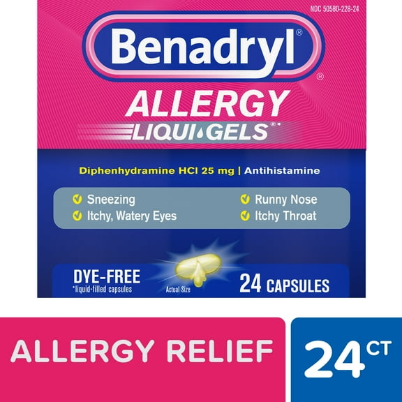Benadryl Liqui-Gels Allergy Medicine, Diphenhydramine, Dye Free, 24 Count