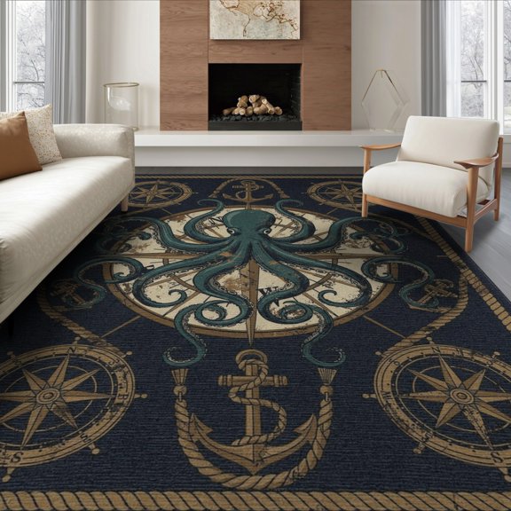 ODIKA 8'x10' Washable Area Rug Octopus Koi Pirate Creature Maritime Motif Symmetrical Cartoon for Dining Room, Large Office, Lounge, Non-Slip Chair-Friendly Mat