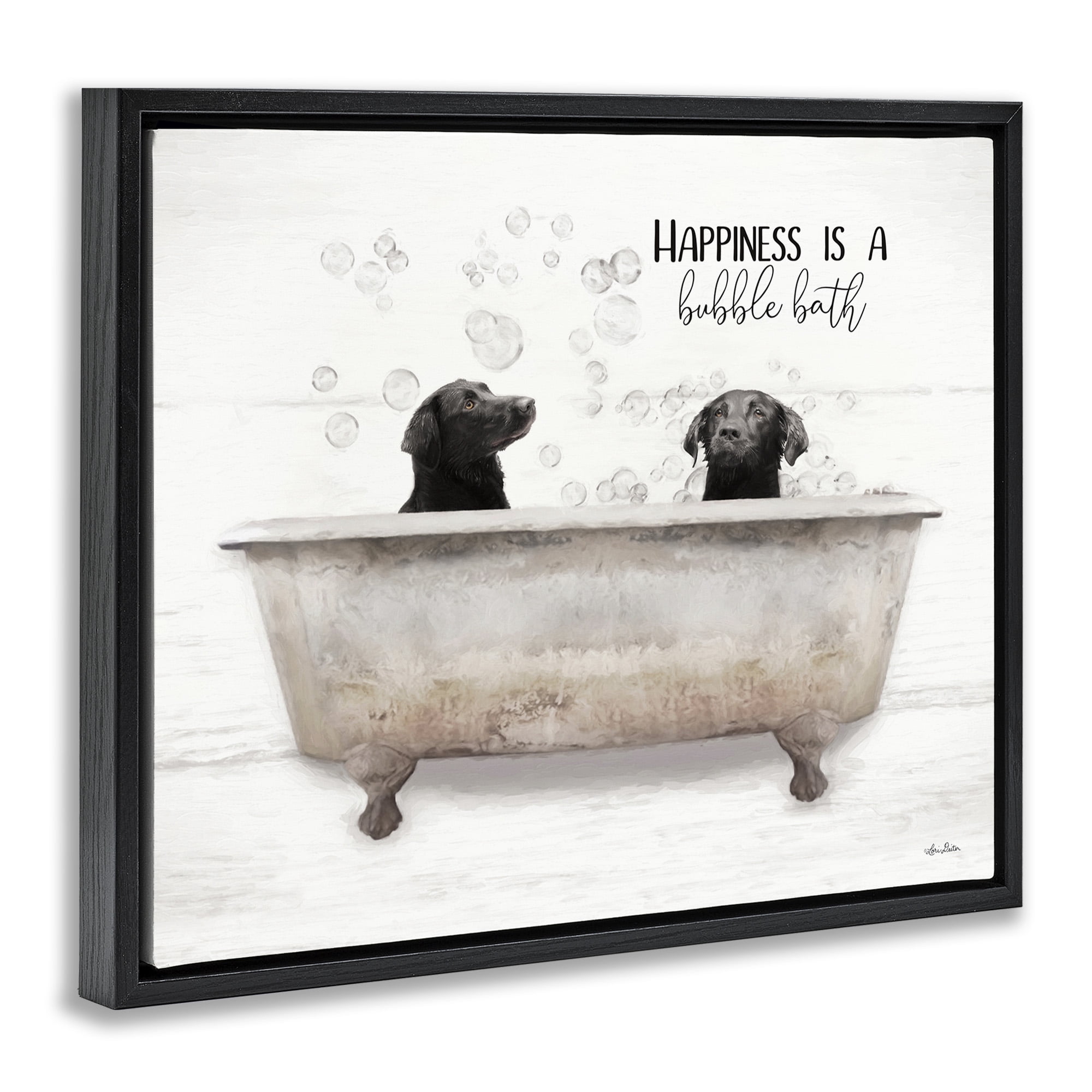 Stupell Industries Animal Bathroom Happy Dogs Animals & Insects Painting Black Floater Framed Canvas Art Print Wall Art, 21 x 17