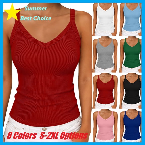 ZHYou Tank Tops for Women Ribbed Knit V Neck Camisole Summer Sleeveless Slim Fit Basic Cami Shirts,Red,Size L