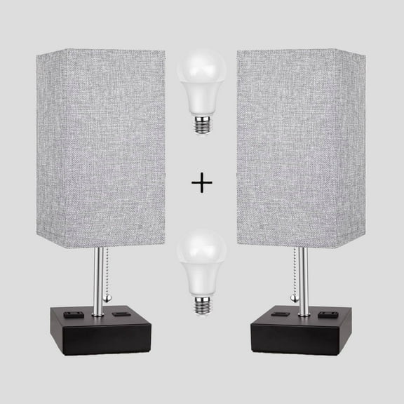 Modern Style Small Table Lamps Set of 2 with 3 Color Modes by Pull Chain- 2700/4000/5000K, USB Port and AC Outlet, For Living Room Bedroom Home Office,LED Bulb Include，Black,15.7 * 5.3 * 5.3 Inch