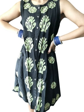 Mogul Women Housedress, Black Green Batik Print Floral Embroidered Boho Dress, Button Down Handmade Summer Fashion ML