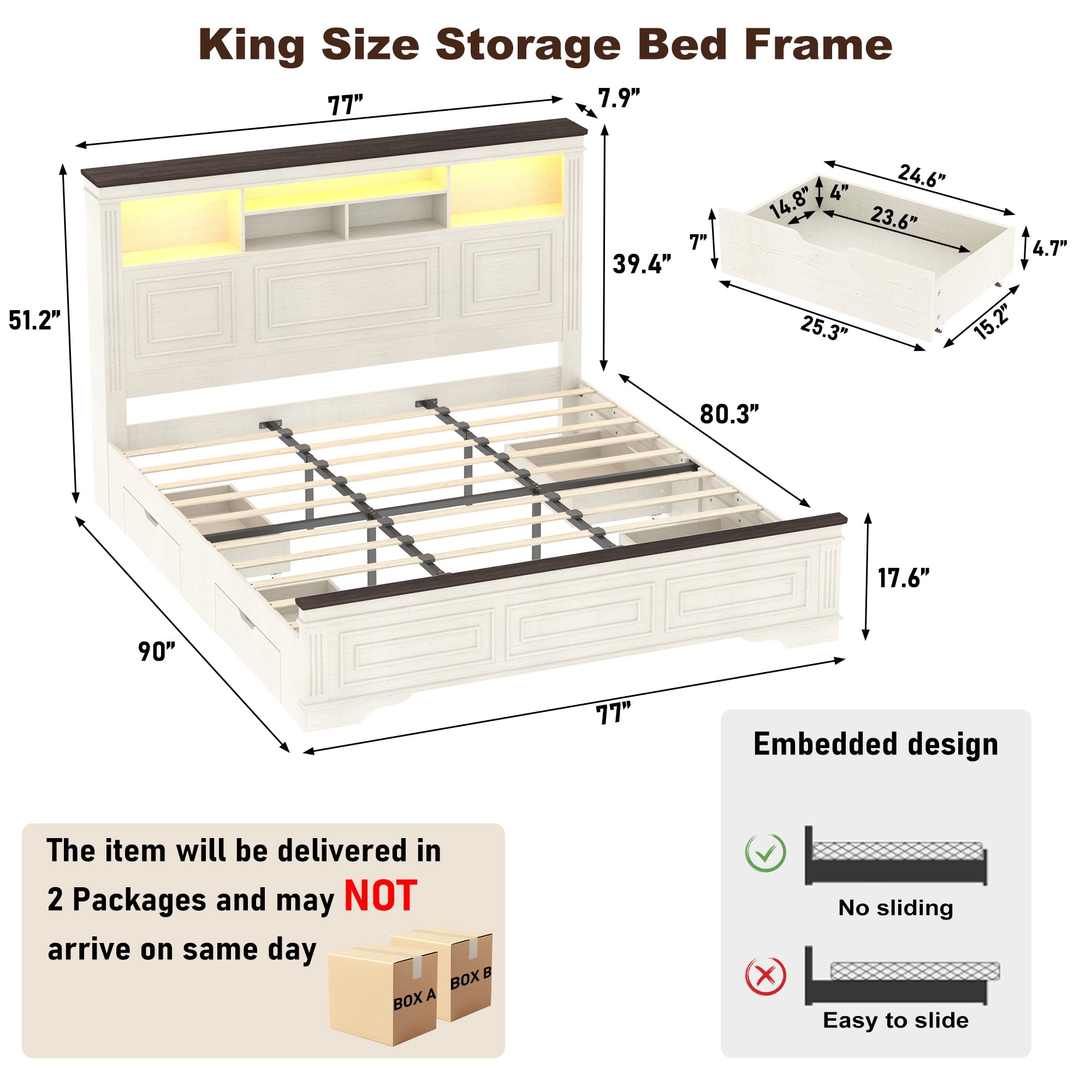 ANPOO Farmhouse King Size Bed Frame with 51" Tall Headboard & 4 Drawers, King Bed Frame and Headboard with LED Lights & Charging Ports, No Box Spring Needed, Wooden, Antique White