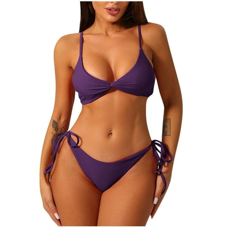Hfyihgf Women s Bikini Sets Two Piece Bathing Suits Padded Swimsuits Side Tie Thong Bottom Swimwear(Purple XL)