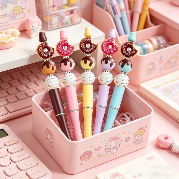 10 Piece Donut And Gingerbread Man Dessert Kawaii Theme DIY Beaded Pen Wooden Bead Set Imaginative Stationery 10ML