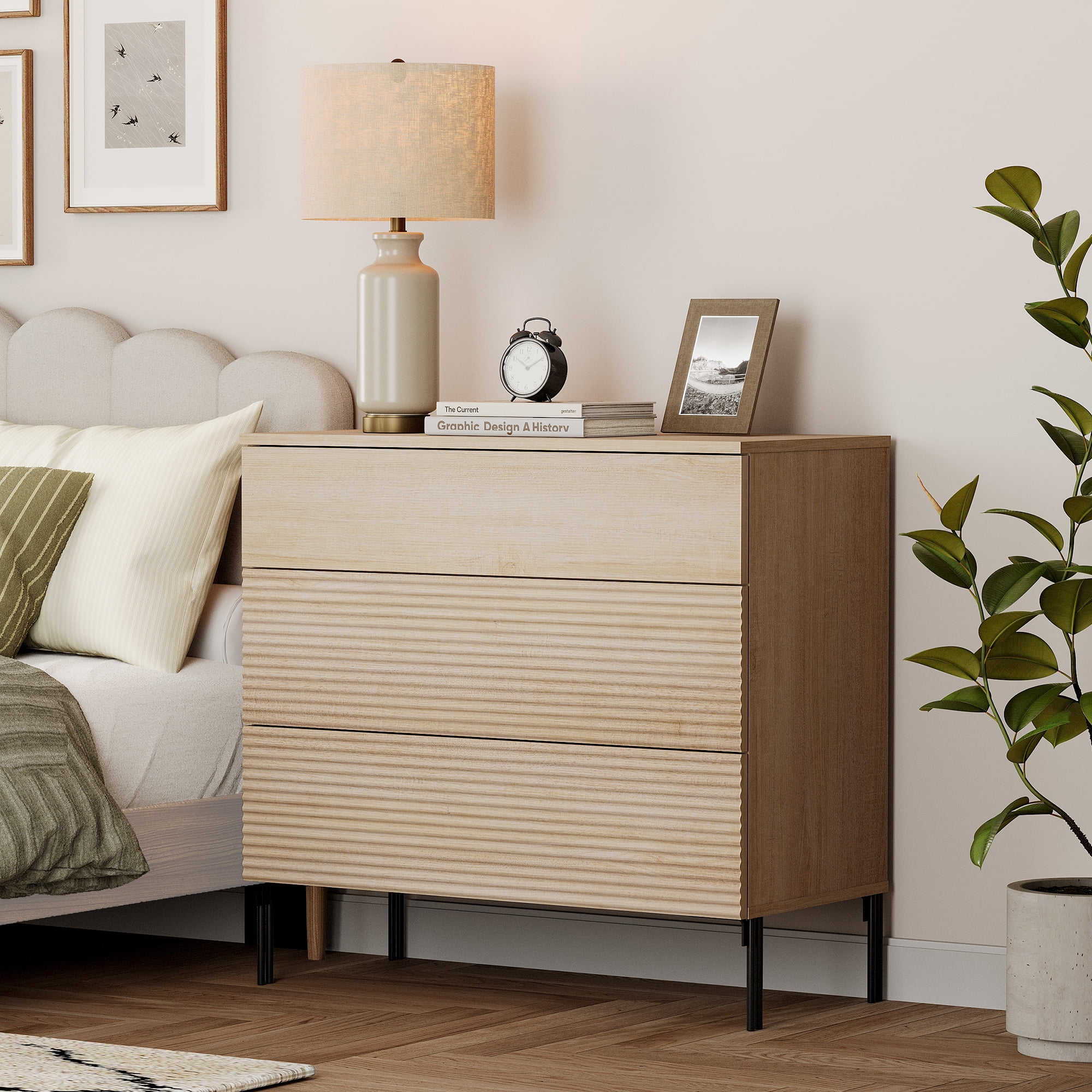 Modern Minimalist Wood Nightstand with 3 Drawers ,31.5" Large End Table,Reeded Design Bedside Table for Bedroom, Living Room,Entryway