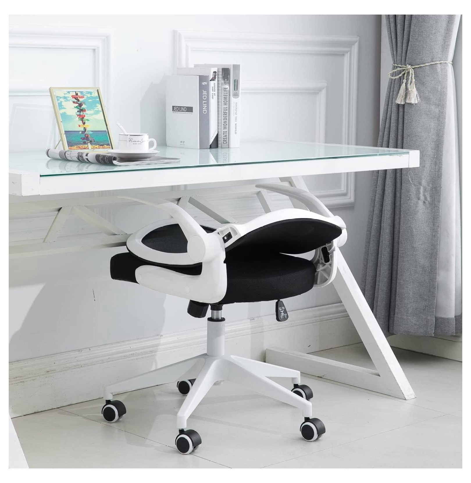 Foldable Office Chair - Home Office Desk Chairs with Wheels and -Up Arms - Ergonomic Backrest Mesh Computer Chair Adjustable Swivel Rolling Home Executive (White)