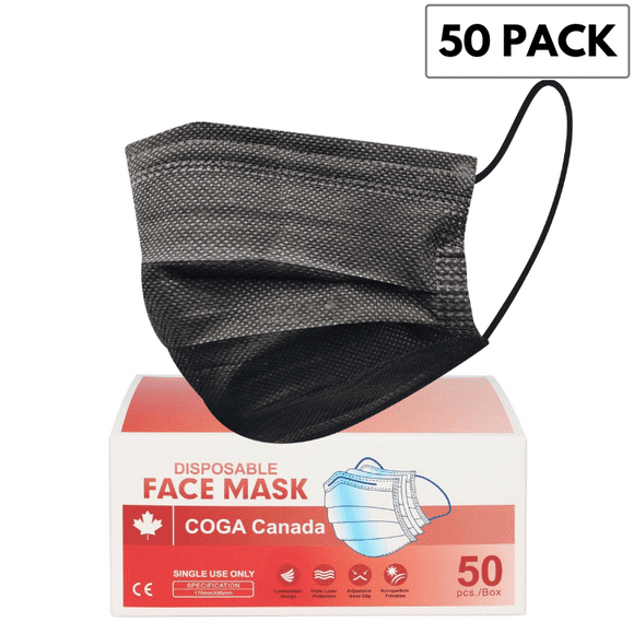 COGA Canada - BLACK 50 Pack 3ply Disposable Face Mask Non Medical Non Surgical