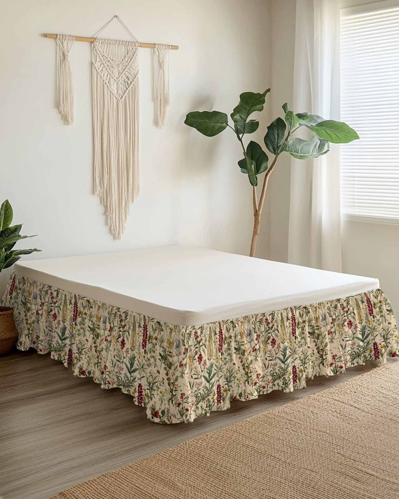 Rustic Botanical Wrap Around Bed Skirts for King Bed 18" Drop, Bed Skirt with Adjustable Elastic Belt Dust Ruffle Bed Valance for Bedroom Hotel Luxury Vintage Floral Wildflower Bed Frame Cover